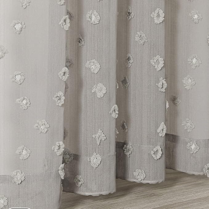 MYSKY HOME Grey Sheer Short Curtains with Pom Pom for Small Windows Bedroom Nursery Kids Girls Room Curtains Cafe Kitchen Light Filtering Boho Drapes, Rod Pocket,38 x 45 Inches, 2 Panels