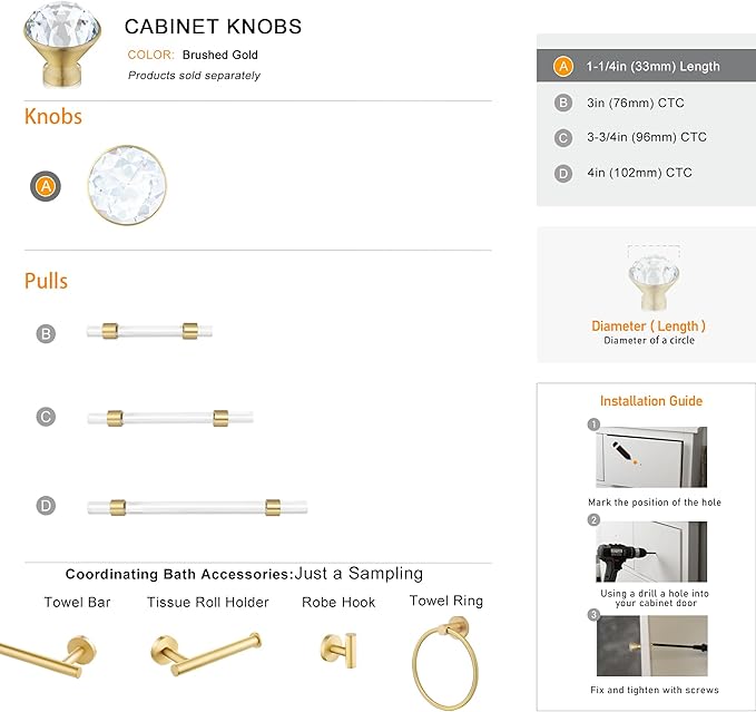 QOGRISUN 10-Pack Brass Crystal Cabinet Knobs,Glass Crystal Gold Drawer Knobs,1-1/4-Inch Diamond, Decorative Dresser Pulls, Modern Cabinet Hardware