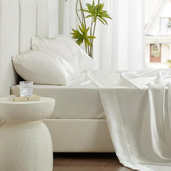 Love's cabin Satin King Sheet Sets - 4 Piece Ivory Silky Sheets King Size Bed Set with Deep Pocket, Luxury Silk Feel King Size Satin Sheet Set (1 Flat Sheet,1 Fitted Sheet,2 Pillow Cases)