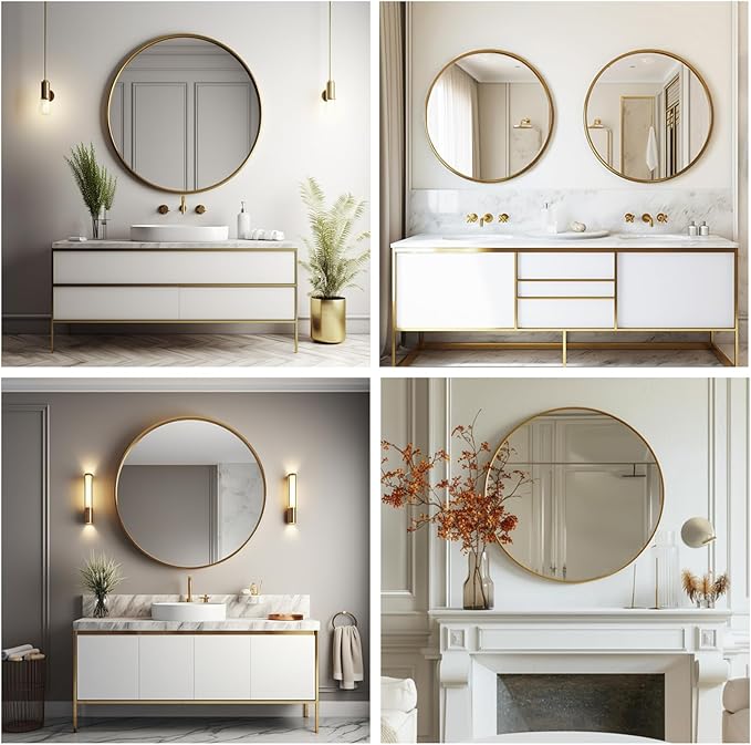 Gold Round Mirror, Circle Mirror 26 inch, Gold Circle Mirrors Metal Frame, Round Mirrors for Wall, Living Room, Bathroom, Entryway, Rustic.