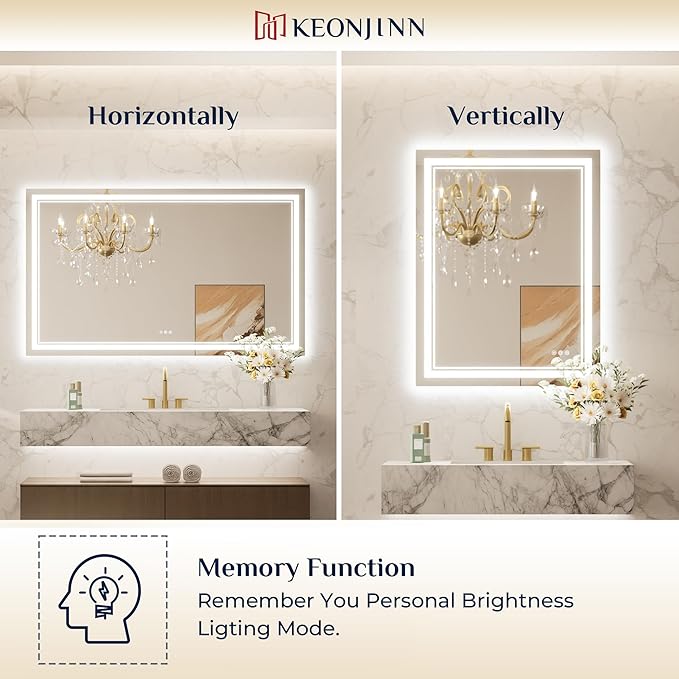Keonjinn LED Bath Mirror 40” x 36” with Frontlit and Backlit, Stepless 3 Colors Temperature & Dimmable Vanity Mirror, UL Listed LED Driver, Double Light Strips, Anti-Fog Wall Mirror with Lights