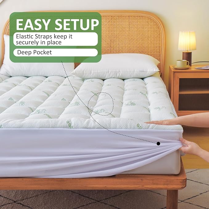 Bioeartha Cooling Mattress Topper California King – Extra Soft Pillow Top Mattress Pad, Breathable Viscose Made from Bamboo Mattress Protector for Back Pain Relief, Deep Pocket Cover Fits 8–21 Inch