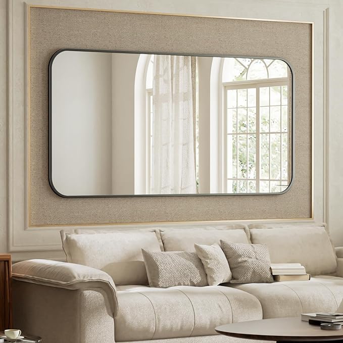 BEAUTYPEAK Black Rectangular Bathroom Mirror - 30" x 48" Wall Mounted Aluminum Alloy Frame Mirror with Rounded Corners for Bedroom Living Room, Horizontal or Vertical