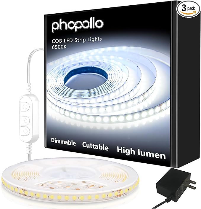 phopollo White COB LED Strip Lights, 20ft Dimmable 6500k Daylight White Led Light Strip, 840 LEDs Flexible Led Lights for Bedroom, Mirror, Kitchen Decoration