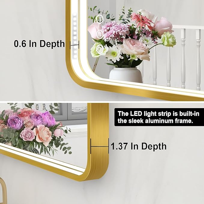 LED Bathroom Mirror with Lights, 20x28 Inch Brushed Gold Metal Frame LED Mirror for Bathroom, Stepless Dimmable 3 Colors Wall Mounted Lighted Bathroom Vanity Mirror, Anti-Fog, Memory