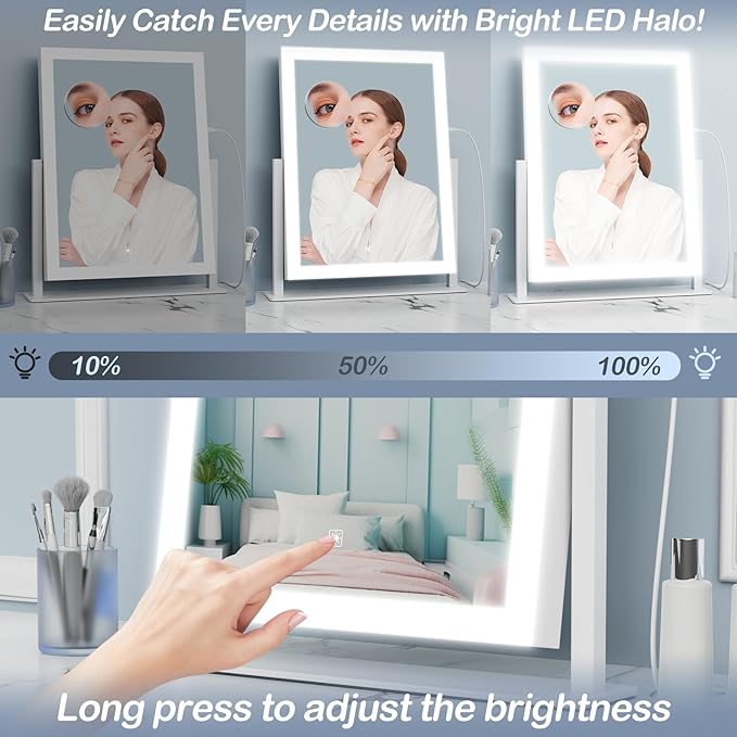 Lighted Makeup Mirror, Hollywood Vanity Mirror with Lights, Three Color Modes,Detachable 10X Magnification Mirror, Smart Touch Control, 360°Rotation (15.2in)