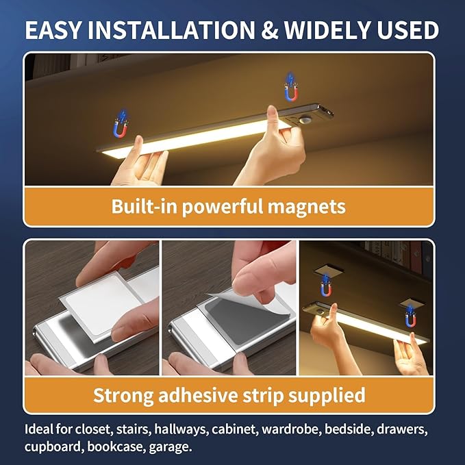 Under Cabinet Lights,76 LED Operated Motion Sensor Light Indoor,1500mAh USB Rechargeable Closet Lights, 2 Pack Magnetic Dimmable Closet Lights,Wireless Under Counter Lights for Kitchen, Stairs