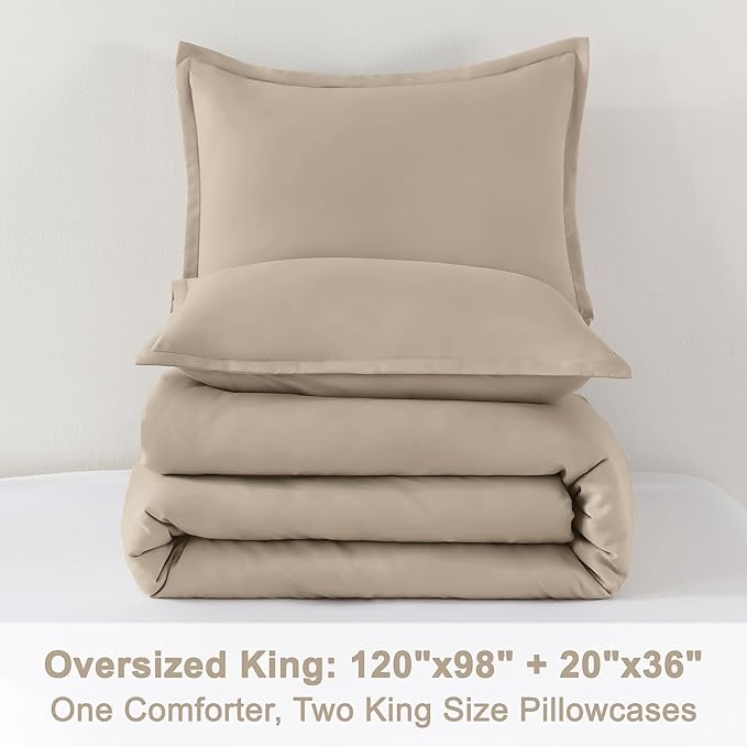 Litanika Comforters Khaki Oversized King Size, 3 Pieces Lightweight Solid Bedding Comforter Set, All Season Fluffy Bed Set (120x98In Comforter & 2 Pillowcases)