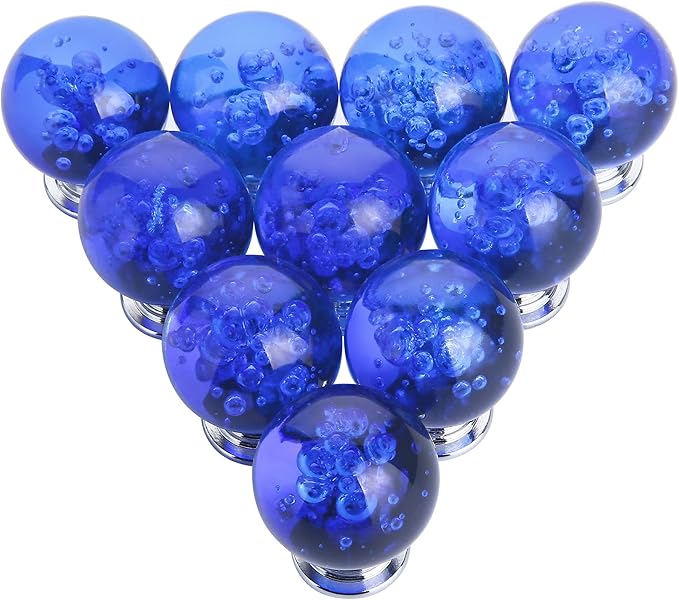 10 PCS Crystal Cabinet Knobs Round Glass Bubbles Dresser Knobs Smooth Drawer Knobs Handle for Home, Cabinet, Drawer and Dresser Hardware with 3 Different Size Screws, 30MM (Blue)