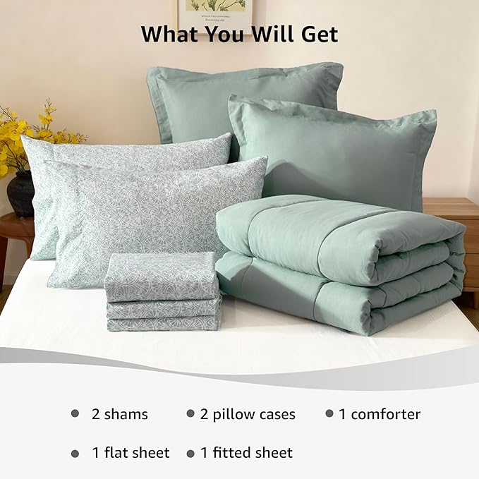 Monbix Queen Comforter Set - 7 Pieces Sage Green Bed in a Bag Queen Track Stitching Bedding Sets, All Seasons Down Alternative Comforter Bed Set with Sheets,Pillowcases & Shams