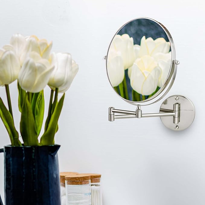 OVENTE 9" Wall Mounted Makeup Mirror with 1X/7X Magnification, Double Sided Magnifying Round Bathroom Vanity Mirror, 360° Swivel Design, Extendable and Folding Arm, Nickel Brushed MNLFW90BR1X7X