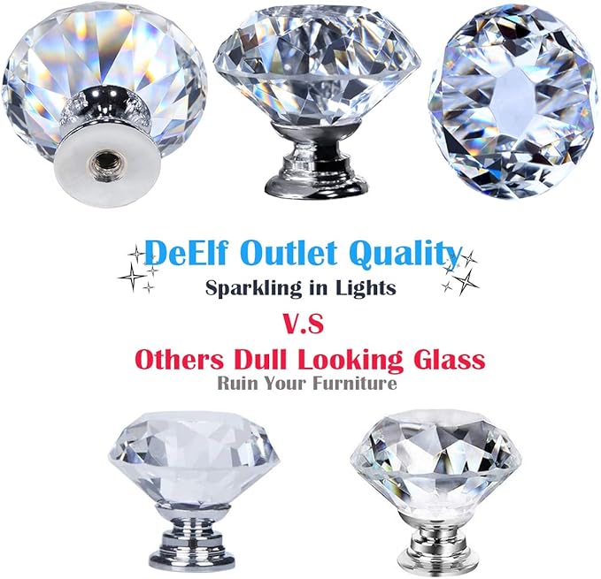 26 pcs Glass Cabinet Knobs Crystal Drawer Pulls Clear 30 mm Diamond for Kitchen, Bathroom Cabinet, Dresser and Cupboard by DeElf