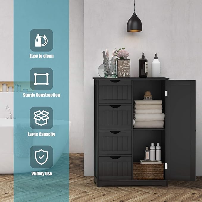 Giantex Bathroom Storage Cabinet with Drawers - 4 Drawer Storage Organizer w/Cupboard, Adjustable Shelf, Anti-Toppling Device, Entryway Storage Unit Console Table, Bathroom Floor Cabinet (Black)