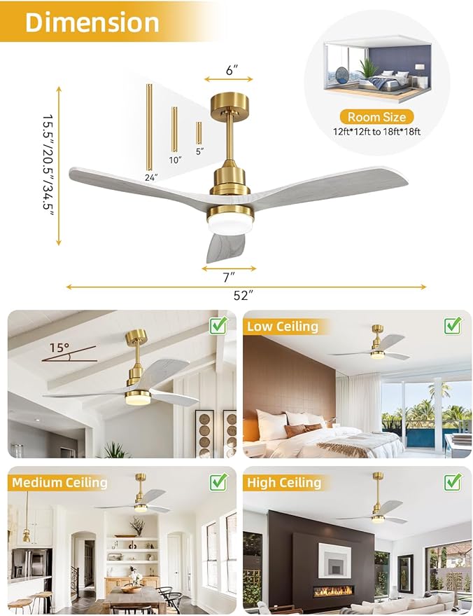 Sofucor Low Profile Ceiling Fan with Lights Remote Control 52 Inch Flush Mount Ceiling Fan Modern Wood Blade Fan for Bedroom Living Room Indoor Outdoor Farmhouse Patio, Grey Gold