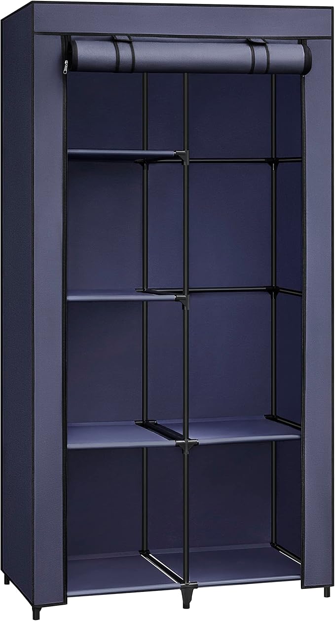 SONGMICS Portable Closet, 34.6 Inch Large Capacity Wardrobe Closet Organizer with Fabric Cover, Hanging Rods and Shelves, 34.6 x 17.7 x 66.1 Inches, for Bedroom, Living Room, Dark Blue URYG084I02