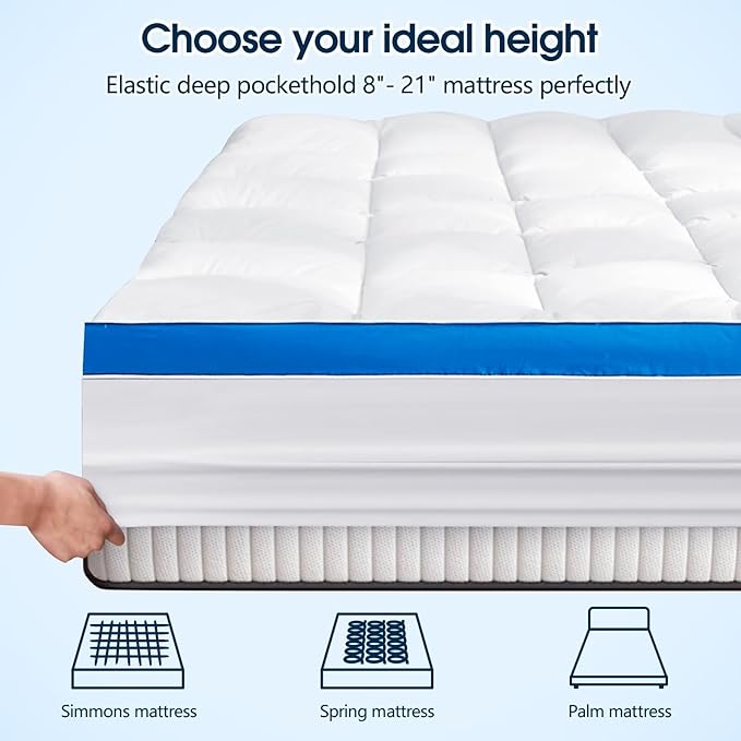 Queen Mattress Topper, CYMULA Cooling Mattress Pad Cover PillowTop for Bed Back Pain, Extra Thick Mattress Protector Firm Soft Floor Fill Overfilled with 8-21 Inch Deep Pocket, 60"x80"White