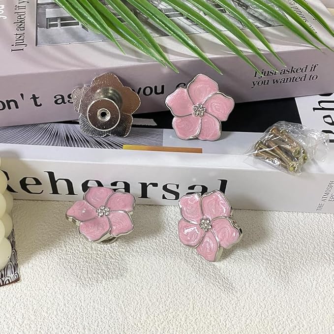 4pcs Petal Handles Zinc Alloy Single Hole Flower Shape Inlaid Rhinestone Drawer Pull Kitchen Handle for Dresser Closet Furniture Handle(Pink Silver)