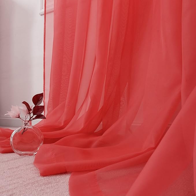 HUTO Christmas 2 Panels Red Sheer Window Curtains 52 by 72 Inches Long Rod Pocket Voile Curtains Sheer Panels Drapes for Bedroom Living Room
