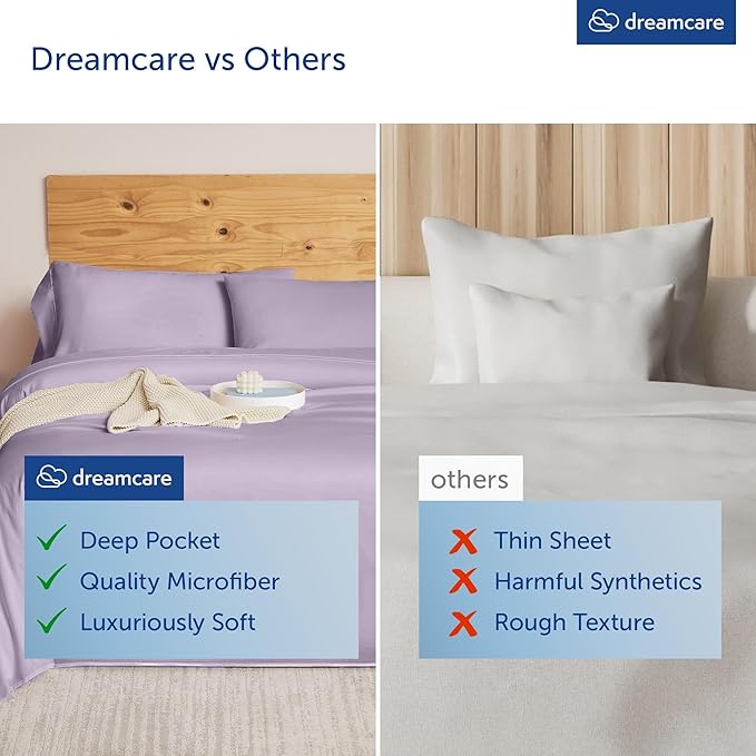 DREAMCARE King Size Sheets Set - Cooling Bed Sheets - 4pcs Set - up to 15" Deep Pocket King Sheet Set – Soft & Long Lasting Cooling - 100% Fine Brushed Microfiber with Side Pocket - Lavender