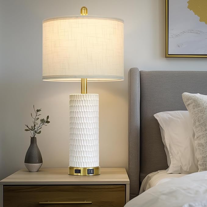 27" White Ceramic Lamps for Living Room, 3-Way Dimmable Touch Ceramic Table Lamp Set of 2 for Bedroom,Rustic Farmhouse Bedside Lamp with USB A+C & Outlets, Elegant Bedroom Lamp for Nightstand