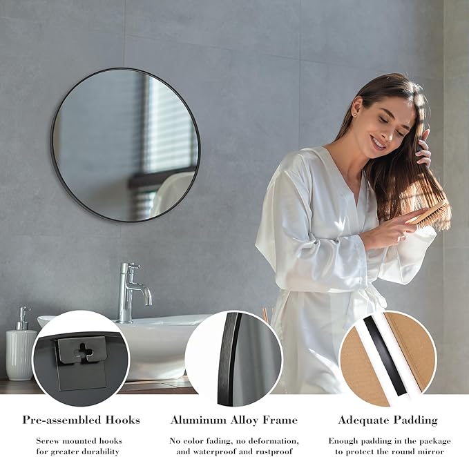 Sweetcrispy 20in Round Bathroom Mirrors for Wall, Bathroom Mirrors for Over Sink, Wall Decor for Bathroom, Entryway, Bedroom, Vanity, Classical Black