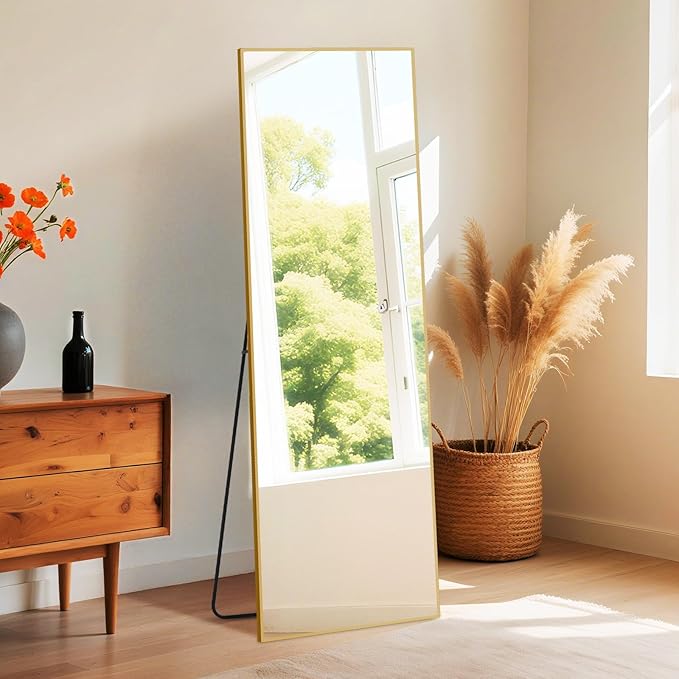 DUMOS Wall-Mounted Full Length Mirror 21"x 65" for Bedroom, Full Body Floor Mirror with Stand, Hanging or Leaning for Wall, Gold