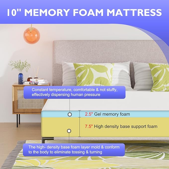 PayLessHere 10 Inch Gel Memory Foam Mattress Medium Firm Mattresses CertiPUR-US Certified Bed-in-a-Box Pressure Relieving California King Size,Fiberglass Free,White
