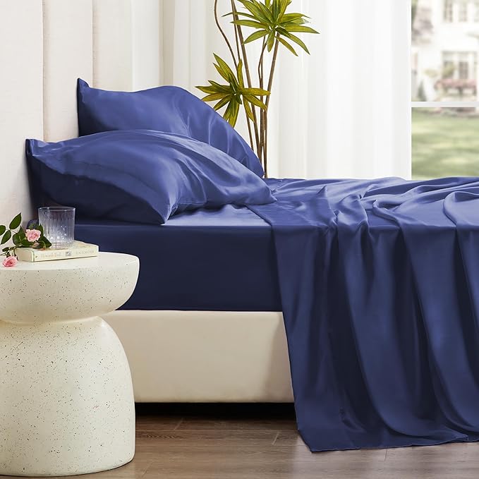 Love's cabin Twin Satin Sheet Sets - 3 Piece Navy Blue Silky Bed Sheets Twin with Deep Pockets, Luxury Silk Feel Satin Sheet Set Bedding Set (1 Flat Sheet,1 Fitted Sheet,1 Pillow case)