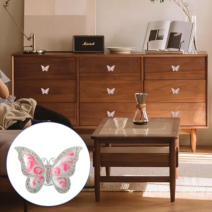 Butterfly Cabinet Knobs,6 Pieces Butterfly Knobs Single Hole Pulls Handles Decorative Door Cabinet Drawer Cupboard Furniture Door Wardrobe (Pink)