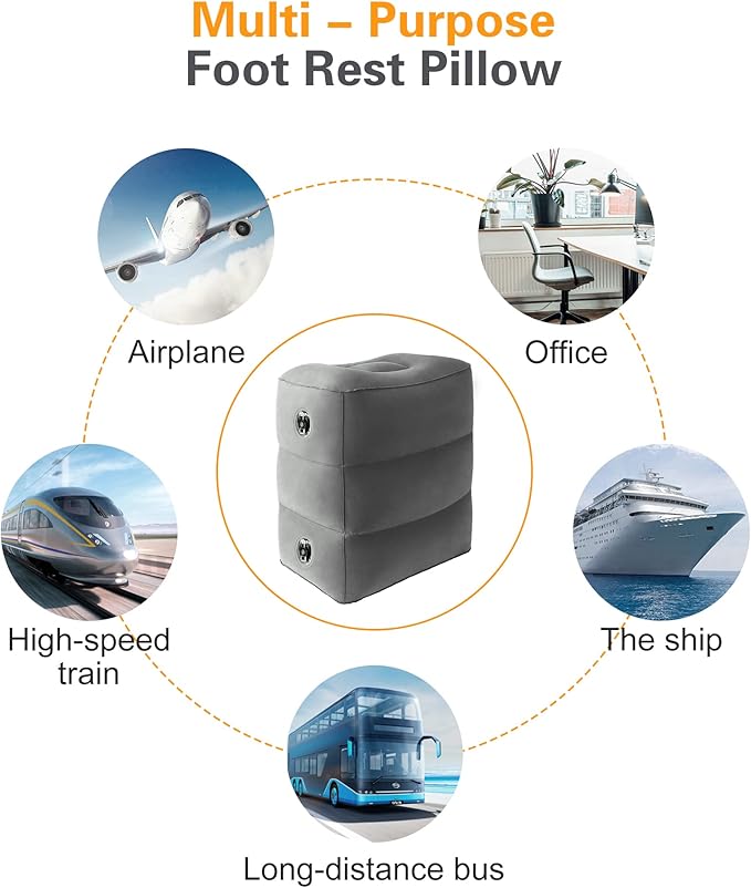 Sunany Inflatable Foot Rest Pillow for Airplane - Kids/Adults - Adjustable Height Cushions, to Sleep While Traveling,Suitable for Office,Home and Any Travel(Dark Grey,2 Pack)