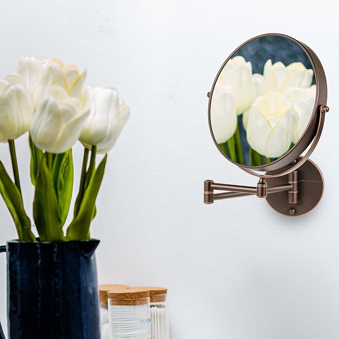 OVENTE 9" Wall Mounted Makeup Mirror with 1X/10X Magnification, Double Sided Magnifying Round Bathroom Vanity Mirror, 360° Swivel Design, Extendable and Folding Arm, Antique Bronze MNLFW90ABZ1X10X
