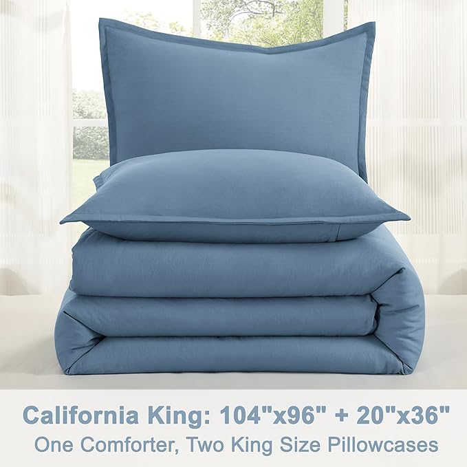 Litanika Grayish Blue Comforter Set California King Size, 3 Pieces Lightweight Solid Bedding Comforter Set, All Season Fluffy Bed Set (104x96In Comforter & 2 Pillowcases)