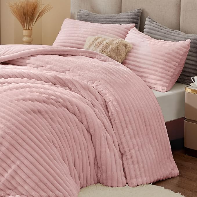 BEDELITE Fleece Oversized Queen Comforter Set -Super Soft & Warm Fluffy Pink Bedding, Luxury Fuzzy Heavy Bed Set for Winter with 2 Pillow Cases