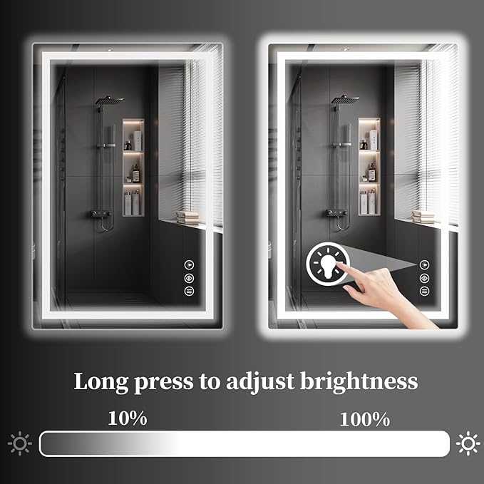 Koonmi 36x48 LED Bathroom Mirror, Backlit + Front Lit, LED Bathroom Mirror with Lights for Wall, 3 Colors, Anti-Fog, Dimmable Brightness, Memory Function, Tempered Glass