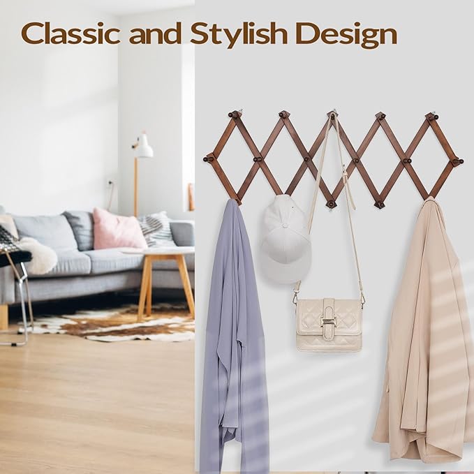 Hat Rack for Wall, Expandable Wall Hat Holder with 16 Hooks, 16 inch Wooden Wall Hook for Baseball Caps,Cowboy, Bag,Hoodie(Brown)