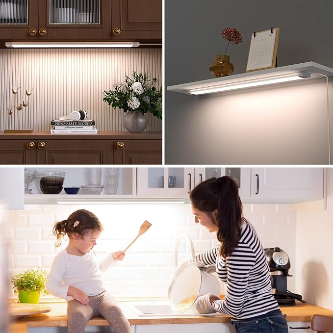 2pcs Hand Wave Under Cabinet Lights, 16" Under Counter Lighting with Dimmable and 4000K Natural White,Plug and Play,LED Lights for Kitchen Cabinet, Cupboard, Closet, Desk