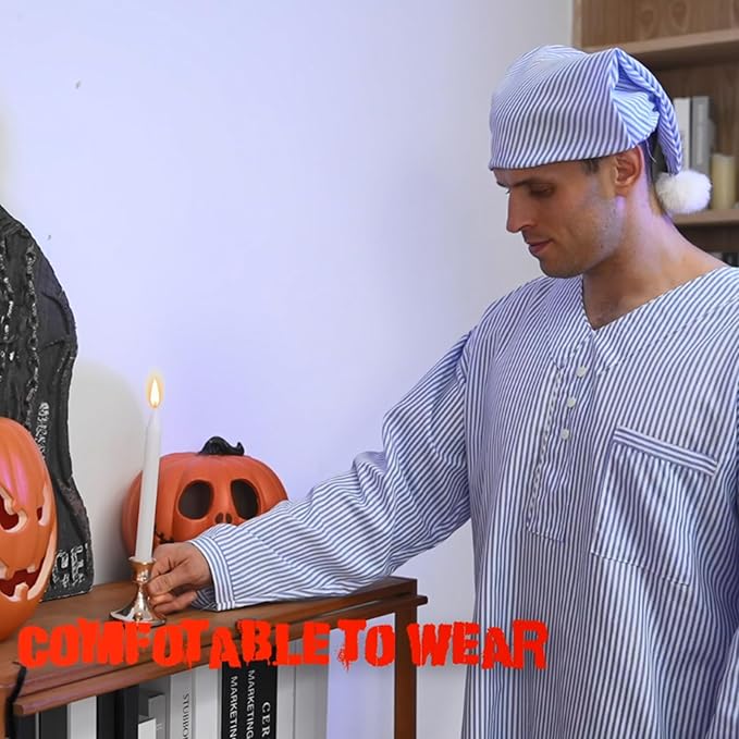 Toulite 4 Pcs Men's Pajama Set Includes Men's Nightshirt Night Sleeping Cap Candle Holder and Candle for Halloween Christmas(Medium)