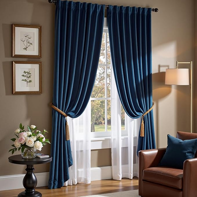 Lazzzy Velvet Blackout Curtains Thermal Insulated Room Window Drapes Super Soft Luxury Curtains for Living Room Bedroom Rod Pocket 2 Panels, Dark Blue, 52" W x 120" L