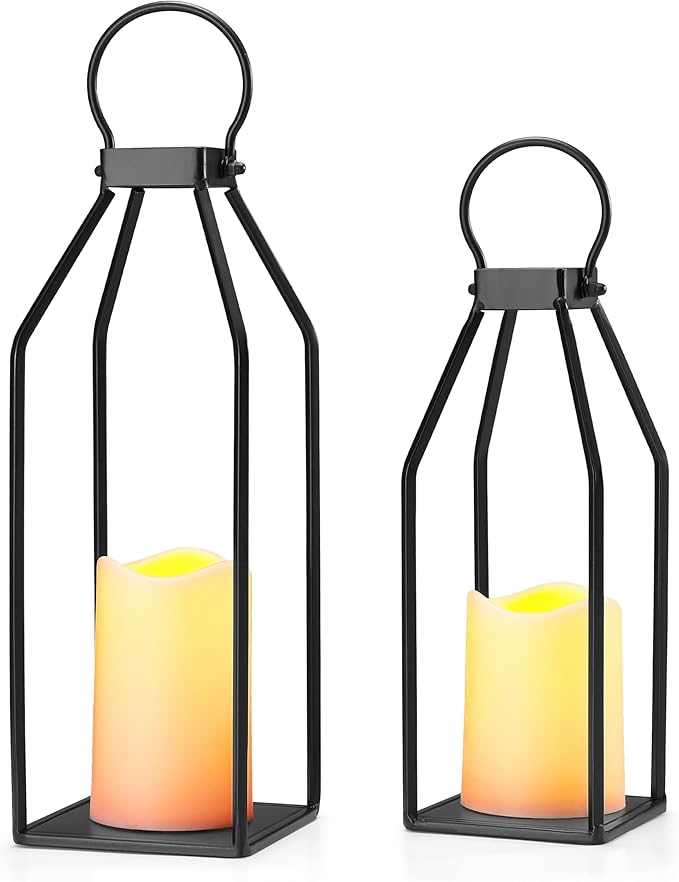 Perfnique Modern Farmhouse Lantern Decor, 15'' 13'' Set of 2 Black Metal Lantern, 2 LED 6hr Timer Flameless Candles & Remote Timer, Lanterns Decorative for Outdoor, Home, Indoor, Patio, Christmas