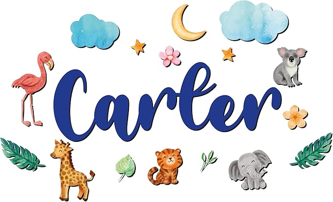Custom Nursery Name Sign with Themed Decor Kit | Personalized Wooden Wall Art for Baby, Kids Room | Space, Jungle, Circus, Under The Sea, Woodland, Rainbow (60", Jungle/Safari)
