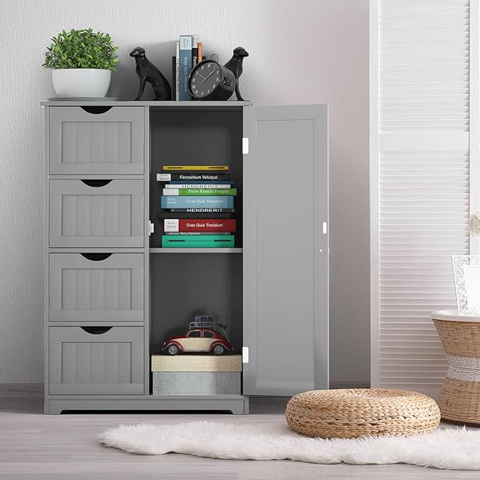Giantex Bathroom Storage Cabinet with Drawers - 4 Drawer Storage Organizer w/Cupboard, Adjustable Shelf, Anti-Toppling Device, Entryway Storage Unit Console Table, Bathroom Floor Cabinet (Gray)