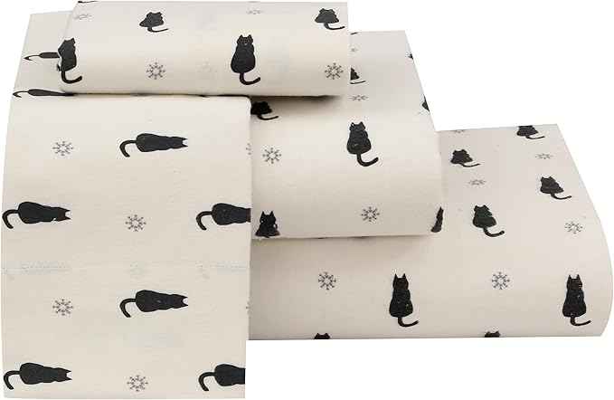 RUVANTI Flannel Sheets Twin Size - 100% Cotton Double Brushed Twin Sheets Set, Deep Pockets 16 Inches, All Seasons Breathable & Extra Soft Bed Sheets, Warm & Cozy, 3 Piece, Black Cat
