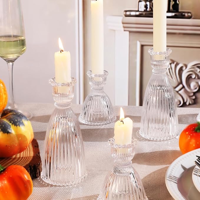 6 Pcs Clear Glass Candlestick Holders (3.5"/6", Assorted)- Tall Taper Candle Holders with Vintage Design, Candle Stick Holders in Bulk for Party Decorations, Glass Candle Holder for Tapered Candles