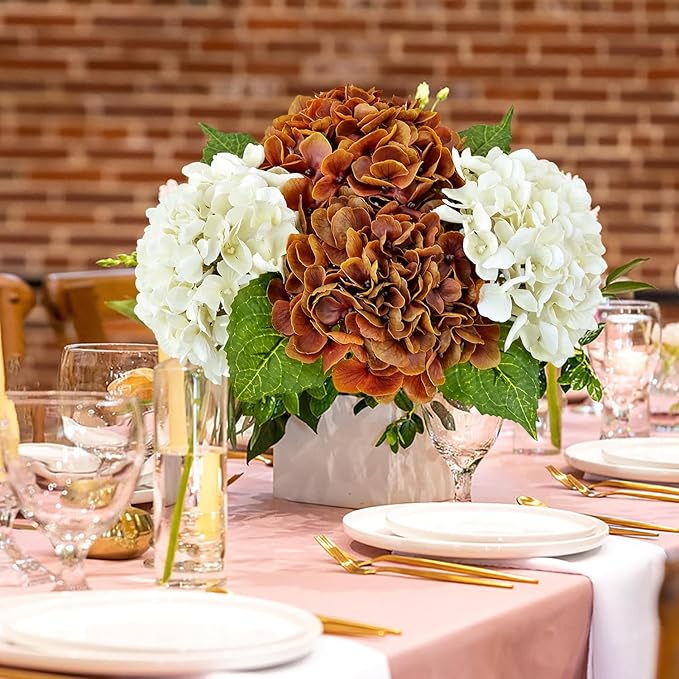 Fall Hydrangea Artificial Flowers, 4Pcs 21” Latex Real Touch Flowers, Faux Silk Flowers Fake Artificial Hydrangeas with Stems for Bouquet Table Centerpieces Halloween (Raw Umber Brown)