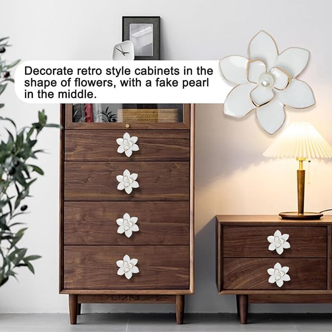 4 Pcs Petal Cabinet Knobs,Zinc Alloy Flower Shape Single Hole Knob with Screws for Dresser Handles Cabinet Wardrobe Door Handle Decorative Furniture (White Flower Pearl)