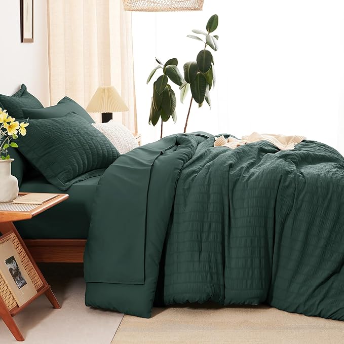 CozyLux King Size Comforter Set Forest Green Seersucker 7 Pieces Bed in a Bag King Comforter Set with Sheets, Luxury Bedding Set with Down Alternative Comforter, Sheets, Pillowcases & Shams All Season