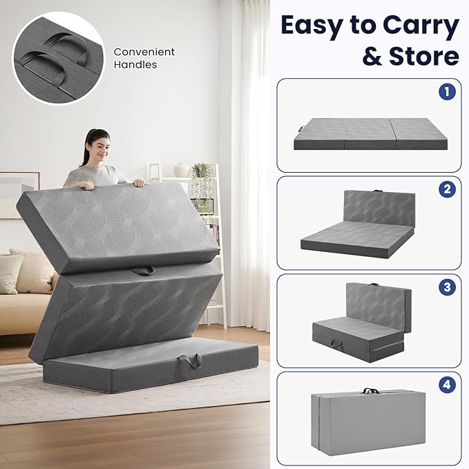 Foldable Mattress Queen 6 inch -Portable Grey Memory Foam Folding Matress with Washable Cover for Camping Travel Guest Room Home Use-Non-Slip&Easy Storage