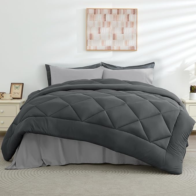 HEVUMYI Cali-King Comforter Set - 7-Piece All Season Bed in a Bag Cali-King, Ultra Soft Bedding Set with Comforter, Flat Sheet, Fitted Sheet, Pillowcases, Pillow Shams, Dark Grey & Light Grey