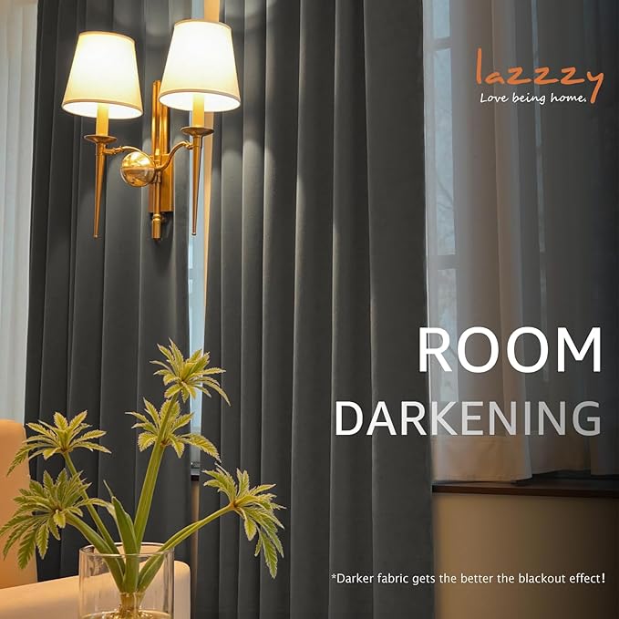 Lazzzy Velvet Blackout Curtains Thermal Insulated Room Window Drapes Super Soft Luxury Curtains for Living Room Bedroom Rod Pocket 2 Panels, Grey, 42" W x 63" L