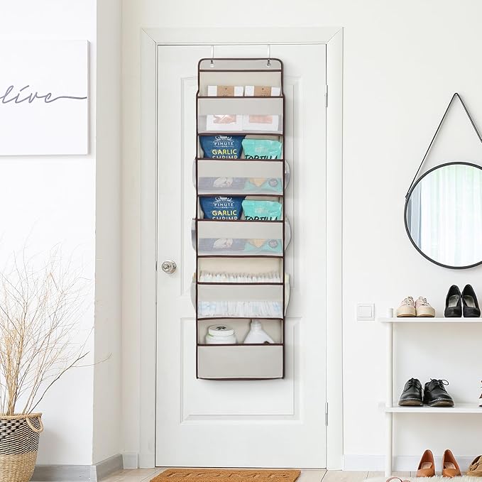 Univivi 1 Pack Over The Door Organizer, Non-Tilting Over The Door Organizer Hanging Door Storage With 5 Large Compartments 6 Side Pockets for Nursery Storage (Beige)
